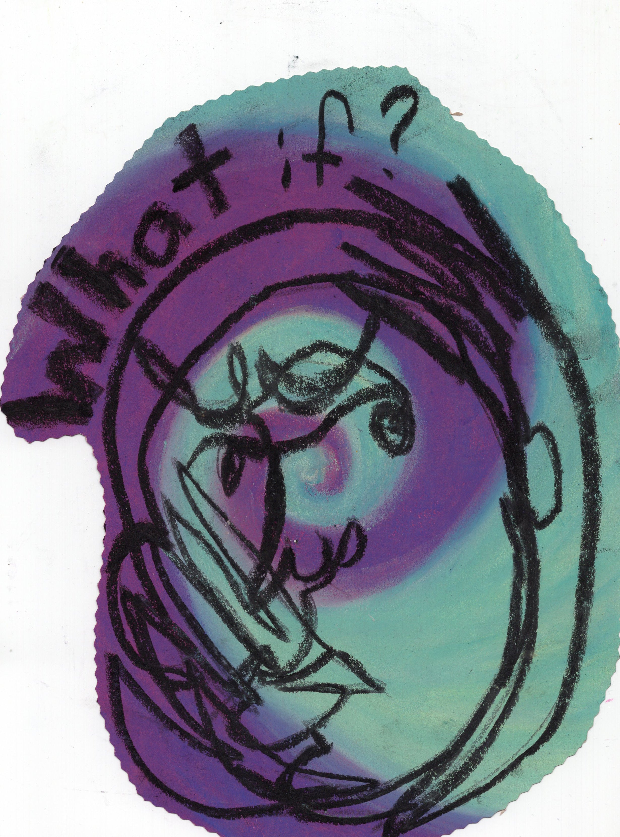 Charcoal and chalk pastel purple and teal swirling drawing of a head saying "What if?" with hands around the face  